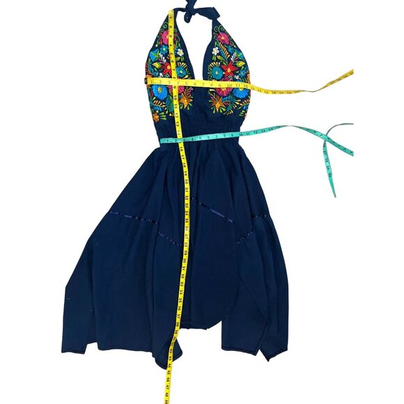 Handmade Floral Embroidered Halter Dress Navy Blue Sharkbite Hem Size Small - Picture 9 of 9